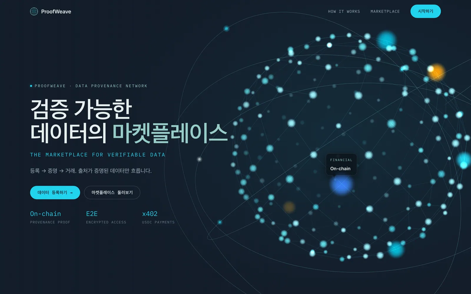 ProofWeave 랜딩 화면: 검증 가능한 데이터의 마켓플레이스
